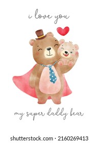 süßer Teddybär, der ein Kind trägt, trägt Aquarell, handgezeichnete Vektorgrafik, süße Vatertagsgrafik