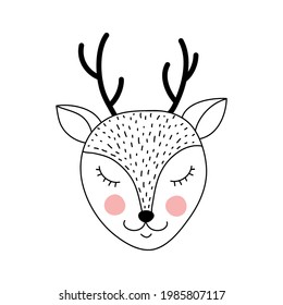Cute adorable deer in doodle style on white background.