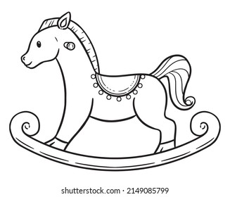 Una linea de arte digital adorable y adorable ilustra un caballo mecedor. Una divertida página de colorear - libro para toda la familia. Una actividad relajante.