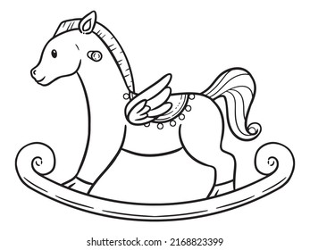 A cute and adorable digital line art illustration of a pegasus shaped rocking horse. A fun coloring page - book for the whole family. A relaxing activity.