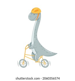 Cute Adorable Dinosaur Animal Riding Bike. Lovely Dino For Nursery, T-shirt, Book, Print, Poster Design Cartoon Vector Illustration