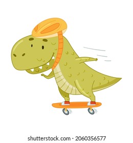 Cute adorable dinosaur animal riding skateboard. Lovely dino for nursery, t-shirt, book, print, poster design cartoon vector illustration