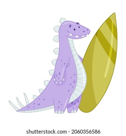 Cute adorable dinosaur animal with surfboard. Lovely dino for nursery, t-shirt, book, print, poster design cartoon vector illustration