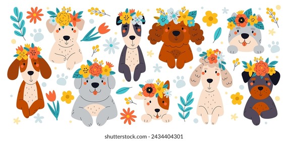 Lindos personajes adorables del perro que llevan la corona de flores florecientes en la ilustración vectorial de la cabeza. Cachorro divertido con corona floral colorida y cara positiva para diseño de impresión de guardería o baby shower