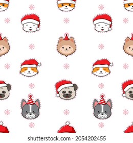 Cute adorable dog merry christmas and happy new year cartoon doodle seamless pattern background design flat cartoon style