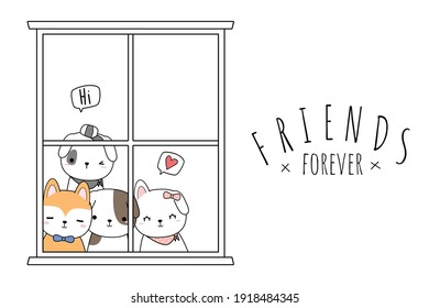 Cute adorable dog puppy friends greeting cartoon doodle flat design card background wallpaper, can use for nursery or print on prodcut