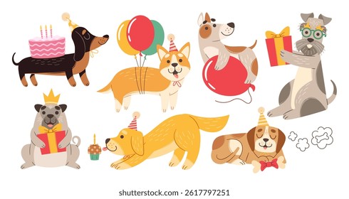 Cute adorable dogs cartoon characters celebrating, congratulating and greeting happy birthday set