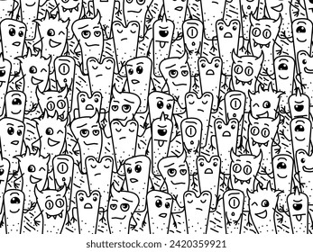 Cute and Adorable Doodle Art Monster, Black and White Doodle Pattern Background Suitable for Decoration, This doodle art creation is perfect for various decorative applications,