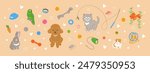 Cute adorable doodle hand drawn pet animals with toys and accessories. Horizontal header banner for pet shop. Dog, cat, bunny, guinea pig, fish and parrot. Rubber squeaky bones, balls, knotted rope