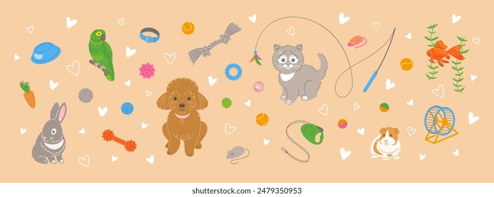 Cute adorable doodle hand drawn pet animals with toys and accessories. Horizontal header banner for pet shop. Dog, cat, bunny, guinea pig, fish and parrot. Rubber squeaky bones, balls, knotted rope