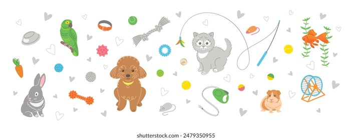 Cute adorable doodle hand drawn pet animals with toys and accessories. Horizontal header banner for pet shop. Dog, cat, bunny, guinea pig, fish and parrot. Rubber squeaky bones, balls, knotted rope