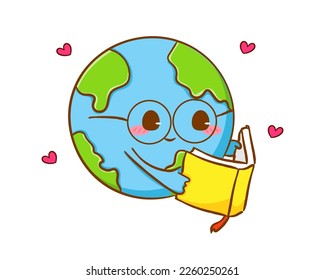 Cute adorable earth cartoon with glasses reading a book. World book day concept design. Kawaii mascot character clip art. Vector art illustration.