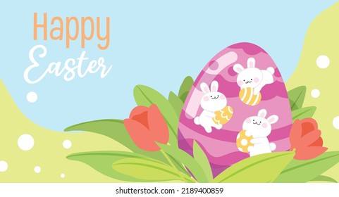 Cute adorable Easter bunnies with big easter egg in grass with flowers vector cartoon illustration banner or poster. Easter sales springtime template vector. Easter cute cartoon character rabbit.