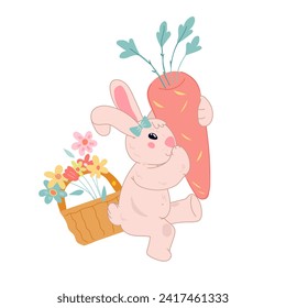 Cute and adorable Easter bunny character design for cards and holiday prints. Easter springtime idea. Cute rabbit with carrot and flowers, vector illustration isolated on white.