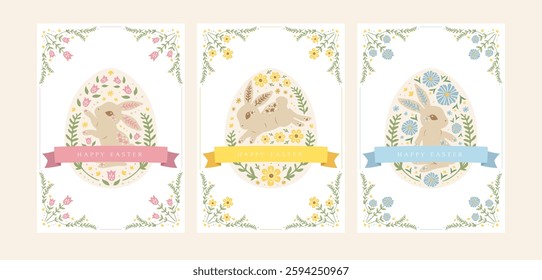 Cute adorable Easter bunny egg holiday greeting card set decorated in beautiful floral flower frame vintage art nouveau vintage victorian folk art background design style