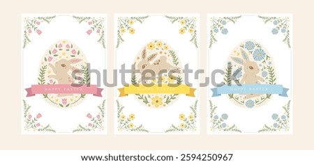 Cute adorable Easter bunny egg holiday greeting card set decorated in beautiful floral flower frame vintage art nouveau vintage victorian folk art background design style