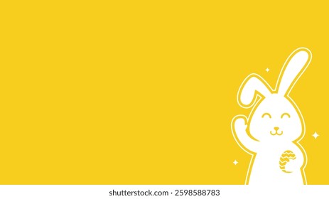 Cute and adorable Easter bunny holding an egg and waving while standing and smiling on yellow background with empty space for text