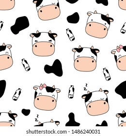 Cute Adorable Farm Cow And Milk Cartoon Doodle Seamless Pattern Background Wallpaper Cover Banner