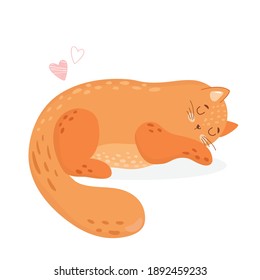 Cute, adorable, fat cat sleeping.  Cartoon childish illustration with kitty and hearts. Isolated on white background. Lovely pet. Perfect for cards, posters, t-shirt, stickers.