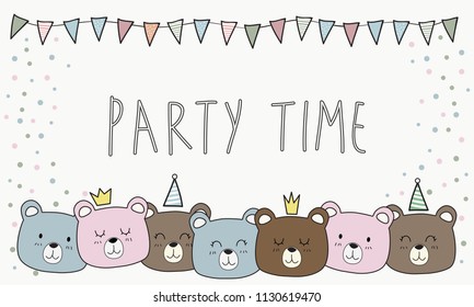 Cute adorable funny teddy bear doodle cartoon party time wallpaper background vector eps10