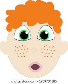 Cute adorable ginger red red-headed baby boy infant toddler child cartoon character with freckles and big green eyes