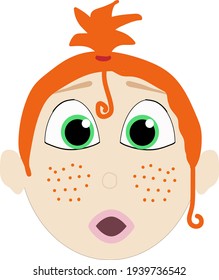 Cute adorable ginger red red-headed baby girl infant toddler child cartoon character with freckles, ponytail and big green eyes
