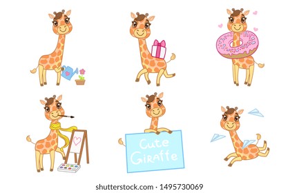 Cute Adorable Giraffe Character Set, Cheerful Lovely Animal in Different Situations Vector Illustration