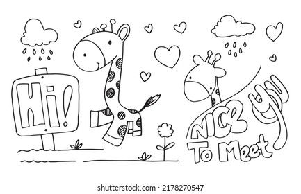 Cute adorable giraffe greeting with hi nice to meet you cartoon doodle on white background.