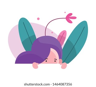 Cute Adorable Girl Peeking Out of Behind Wall Vector Illustration