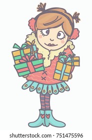 Cute adorable girl in winter outfit holding gift boxes, colorful vector cartoon isolated on white background.