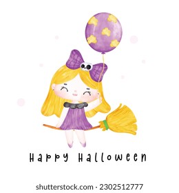 Cute adorable Halloween happy smile witch girl on flying broomstick cartoon watercolor hand drawing