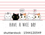 Cute adorable hand drawing cat kitten greeting cartoon doodle cover wallpaper pastel color background ,can use for print on product or decoration ,vector eps10