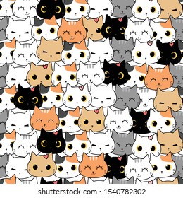 Cute adorable hand drawing cat kitten head cartoon doodle seamless pattern background wallpaper ,can use for wrapping paper or print on product ,vector eps10