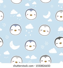 Cute adorable hand drawing penguin head cartoon doodle seamless pattern on light blue sky background wallpaper ,can use for wrapping paper or nursery or print on product ,vector eps10