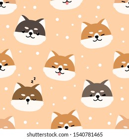 Cute adorable hand drawing shiba inu japanese dog puppy head cartoon doodle seamless pattern on brown background wallpaper ,can use for wrapping paper or print on product ,vector eps10