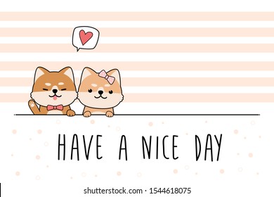 Cute adorable hand drawing shiba inu Japanese puppy dog lover couple greeting cartoon doodle pastel color background wallpaper. Can use for nursery or cover or print on product. vector.