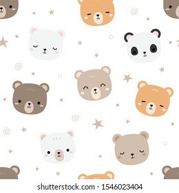 Cute Adorable Hand Drawing Teddy Bear Polar Grizzly Panda Head Cartoon Doodle Seamless Pattern Background Wallpaper ,can Use For Wrapping Paper Or Print On Product ,vector Eps10
