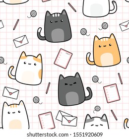 Cute adorable hand drawing thin line cat kitten with office stuff cartoon doodle seamless pattern on grid background wallpaper. can use for nursery or wrapping paper or print on product. vector eps10