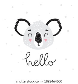 Cute adorable hand drawn Koala face. Grey colors, monochrome. Hello - calligraphy text. Wild animal character vector Illustration for nursery poster, card for kids, t-shirt.