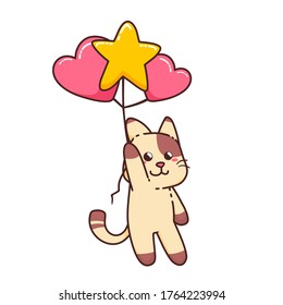 Cute Adorable Happy Brown Cat Fly With Star and Love Balloon cartoon doodle vector illustration flat design style