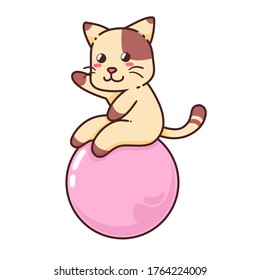 Cute Adorable Happy Brown Cat Play Big Pink Ball cartoon doodle vector illustration flat design style