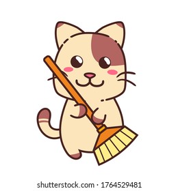 Cute Adorable Happy Brown Cat Cleaning Sweeping With Orange Broom cartoon doodle vector illustration flat design style