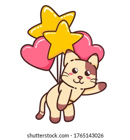Cute Adorable Happy Brown Cat Fly With Star and Love Balloon cartoon doodle vector illustration flat design style