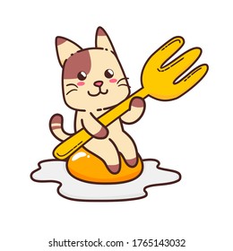 Cute Adorable Happy Brown Cat Eat Sunny Side Up Egg With Big Fork cartoon doodle vector illustration flat design style
