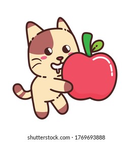 Cute Adorable Happy Brown Cat Eat Red Apple Nature Fruit cartoon doodle vector illustration flat design style