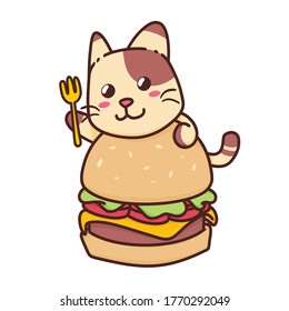 Cute Adorable Happy Brown Cat Eat Beef Burger cartoon doodle vector illustration flat design style