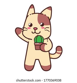 Cute Adorable Happy Brown Cat And Mini Little Cactus cartoon doodle vector illustration flat design style