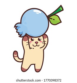 Cute Adorable Happy Brown Cat Eat Blueberry fruit cartoon doodle vector illustration flat design style
