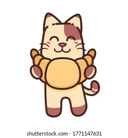 Cute Adorable Happy Brown Cat Eat Croissant cartoon doodle vector illustration flat design style