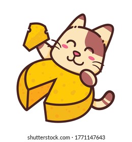 Cute Adorable Happy Brown Cat Eat Cheese cartoon doodle vector illustration flat design style